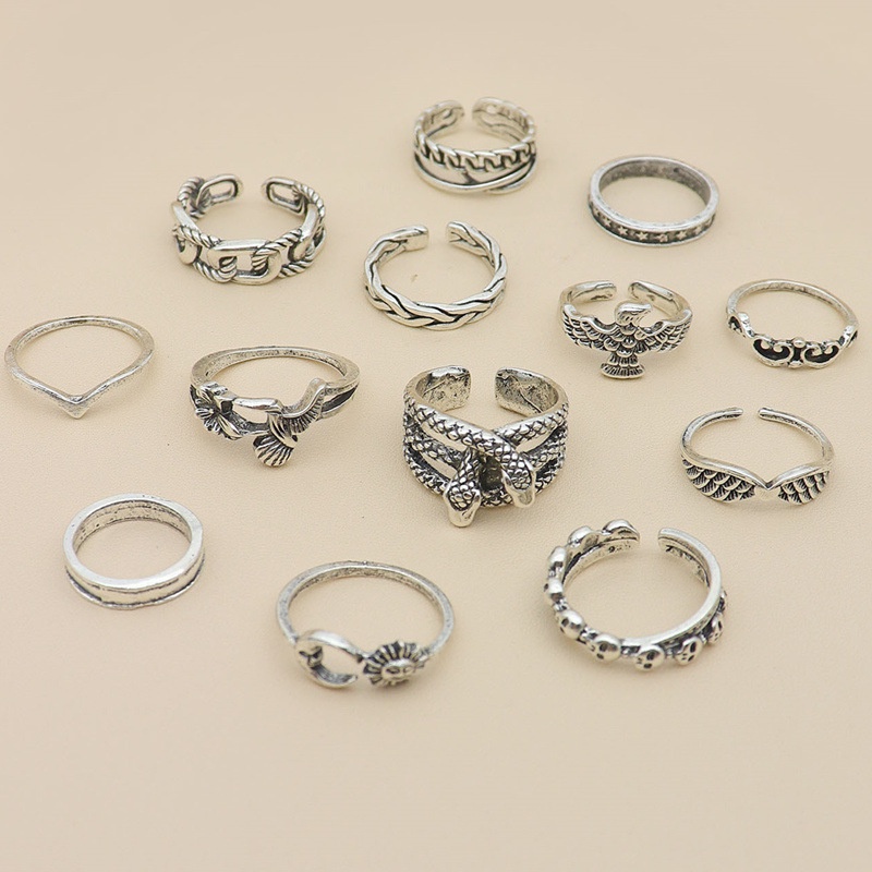 13pcs / set Cincin Desain Elang / Bunga / Bulan / Bintang / Hati / Geometri / Sayap Untuk Wanita