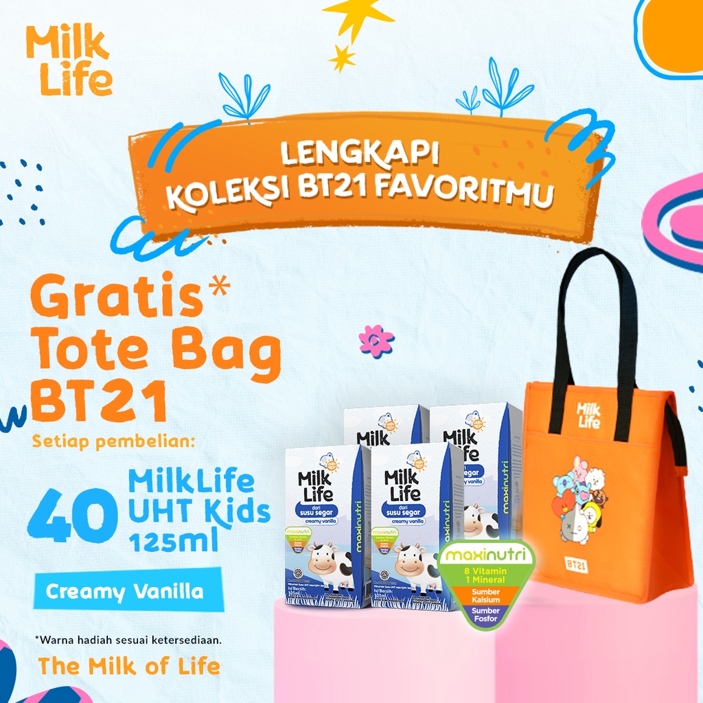 MilkLife Creamy Vanilla - UHT Kids [40 pcs/Tetra Slim Leaf 125 ml] - FREE Cooler Bag Special BT21