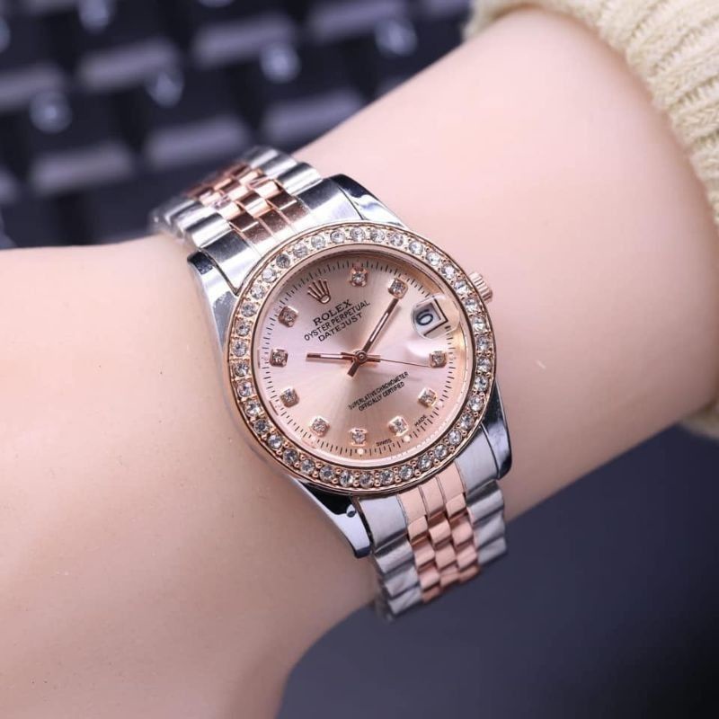 JAM Tangan Wanita ROLEX rantaiDiamondi tgl aktif ukuran kecil