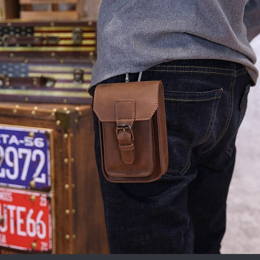 Tas Pinggang Pria waterproof, waist bag pria Rokok Hp coklat H1083