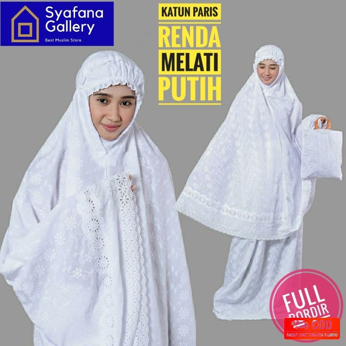 Promo** Mukena Putih Katun Bsy Bordir Murah Motif Bunga Timbul Mu EM978  Katun Paris Putih Bordir Re