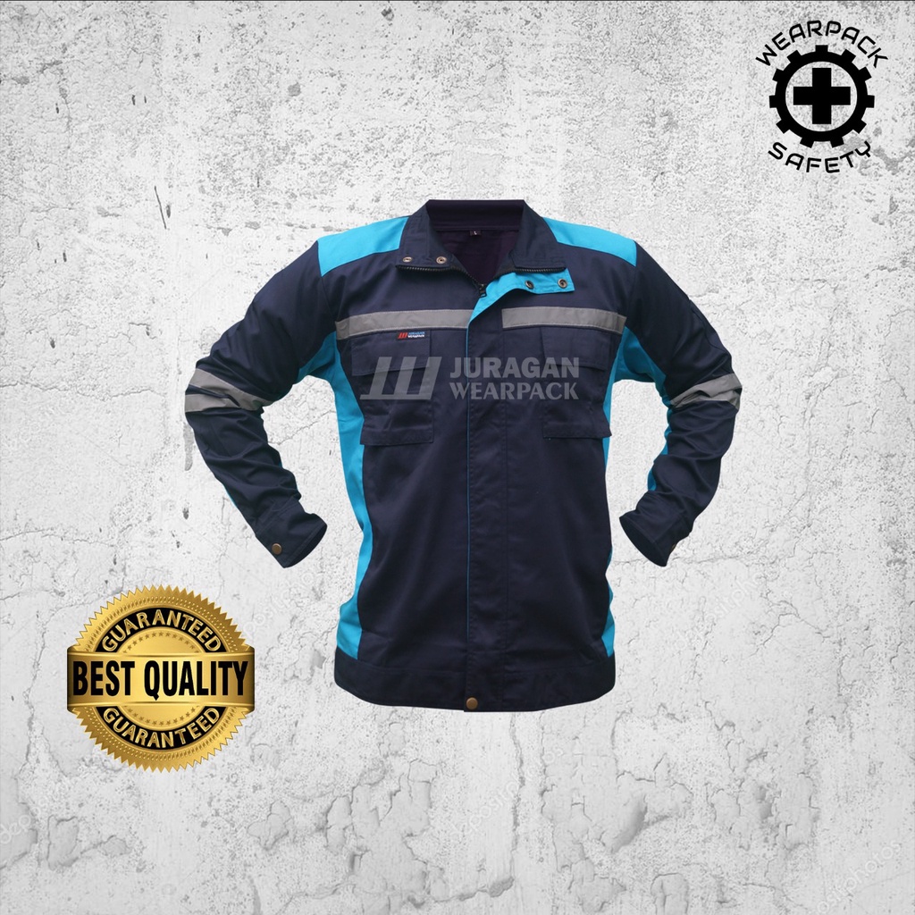 Wearpack Safety Semi Jaket / Baju Kerja Lengan Panjang Warna Biru Toska Kombinasi Biru Navy