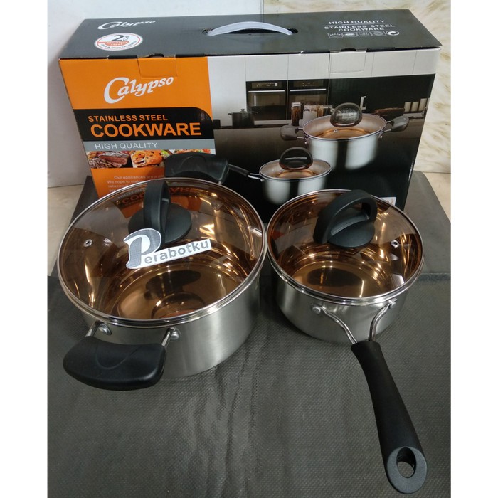 Cookware Set Stenlis Tutup Kaca Calypso C477 Isi 2pcs /Saucepan/Panci