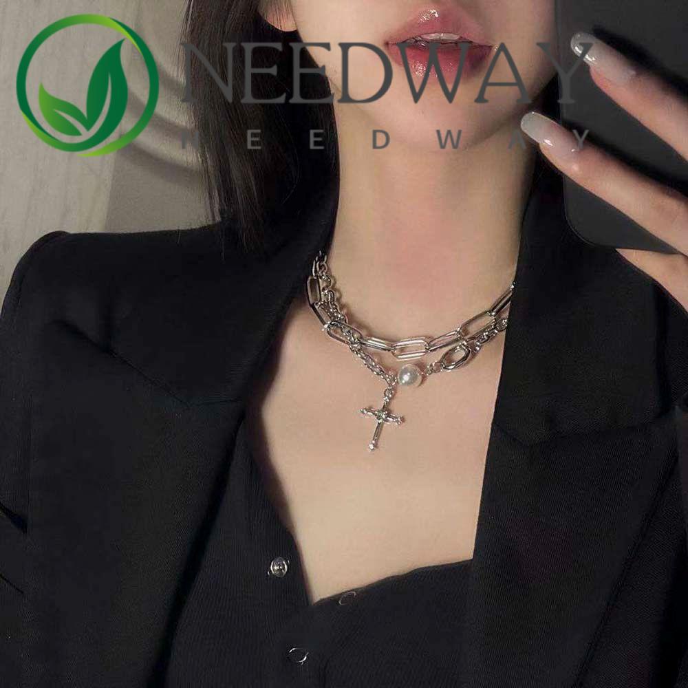 Kalung Choker Rantai Klavikula Liontin Salib Kilau Mutiara Banyak Warna Gaya Korea Untuk Perhiasan Wanita