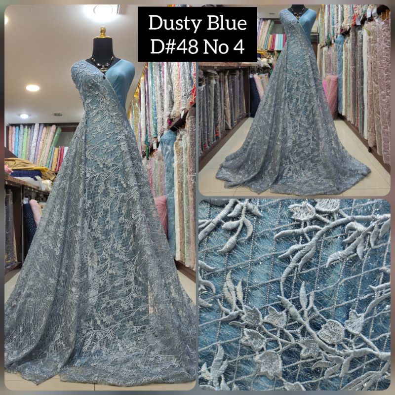 Kain Tile Brokat 3D Benang Silang Motif Bunga Akar D#48 No 4 Dusty Blue