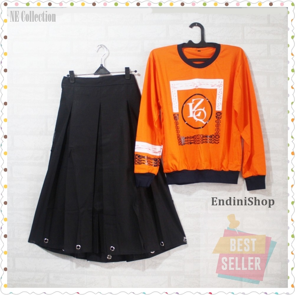 Rok Wanita Model Ring 7/8 Namira dan Kaos Zolaqu baru Setelan Wanita Baju Setelan Warna Hitam-Orange
