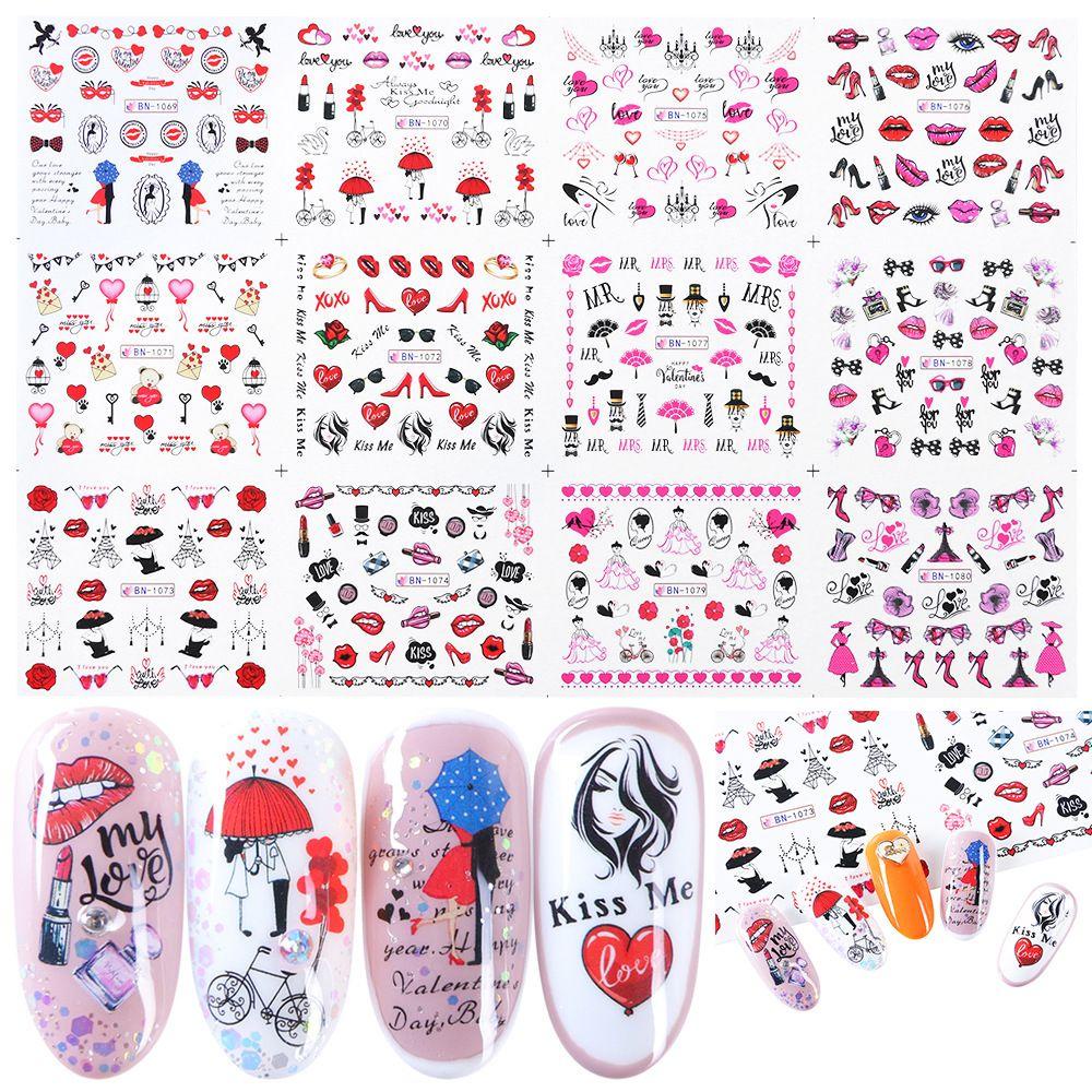 Solighter 12desain/lembar Stiker Kuku Nail Art Dekorasi Cinta Hati Sexy DIY Manicure