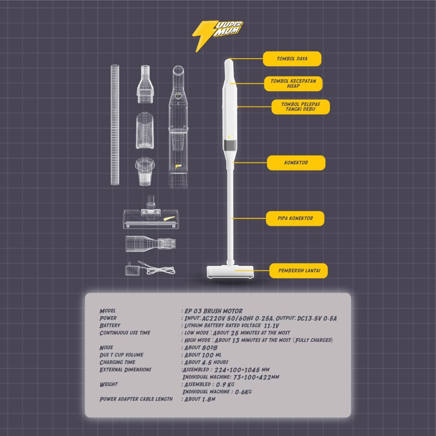 ZUUPERMUM CORDLESS STICK VACUUM CLEANER ZP-03 / PENYEDOT DEBU