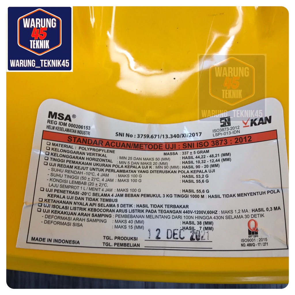 HELM PROYEK SAFETY V GUARD MERK MSA SNI LOKAL SUSPENSI FASTRACK FASTRAK - KUNING