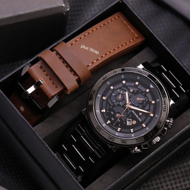 RESTOK ~ Jam Tangan Pria / Cowok Montblanc Steinless 4,5mm Free Strap Cadangan