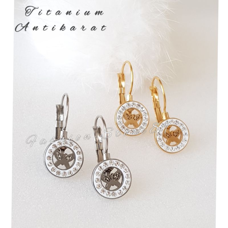 Ready stok anting buterfly impor titanium gold white Antikarat jurai anting jurai jepit titanium
