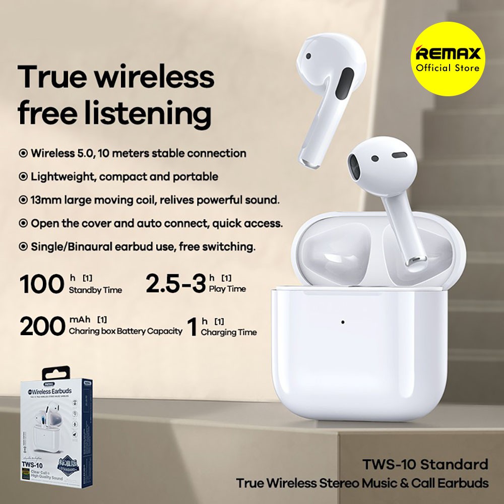 Remax TWS 10 True Wireless Stereo Earbuds Earphone Headset Bluetooth Bass