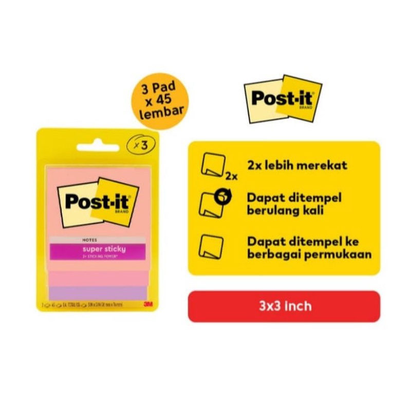 

3M post it super sticky notes 3x3inch 3321-3SJP FLA isi 3pads (3 x 45 lembar)