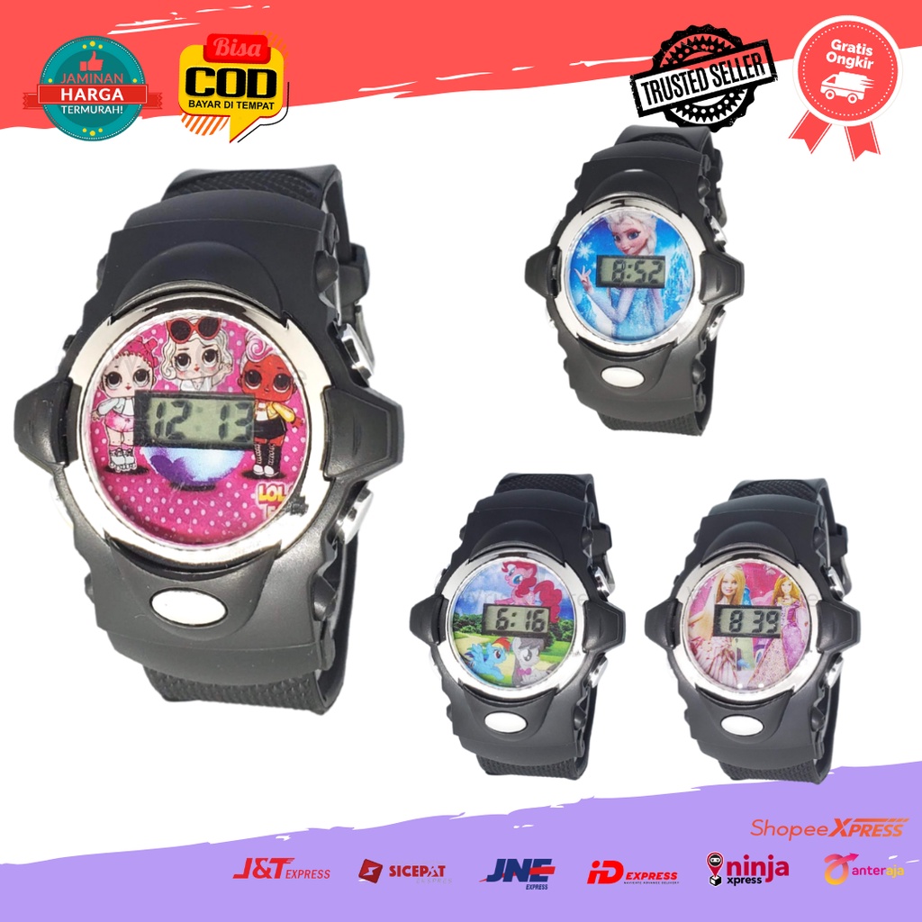 [COD] Jam Tangan Anak Cewek Strap Rubber Hitam Karakter LOL Elsa Kuda Pony Hello Kitty Barbie Cewek Perempuan Melodi Musik Terbaru Termurah