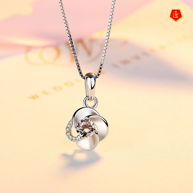 [Ready Stock]Silver Necklace Women's Diamond Four-Leaf Clover Pendant Korean Style Simple