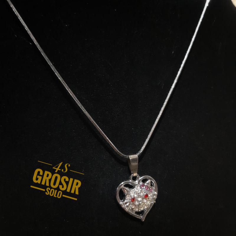 4S GROSIR SOLO || kalur silver liontin hello kitty lingkar hati diamond / kalung rhodium anti karat &amp; luntur liontin hello kitty lingkar hati variasi diamond