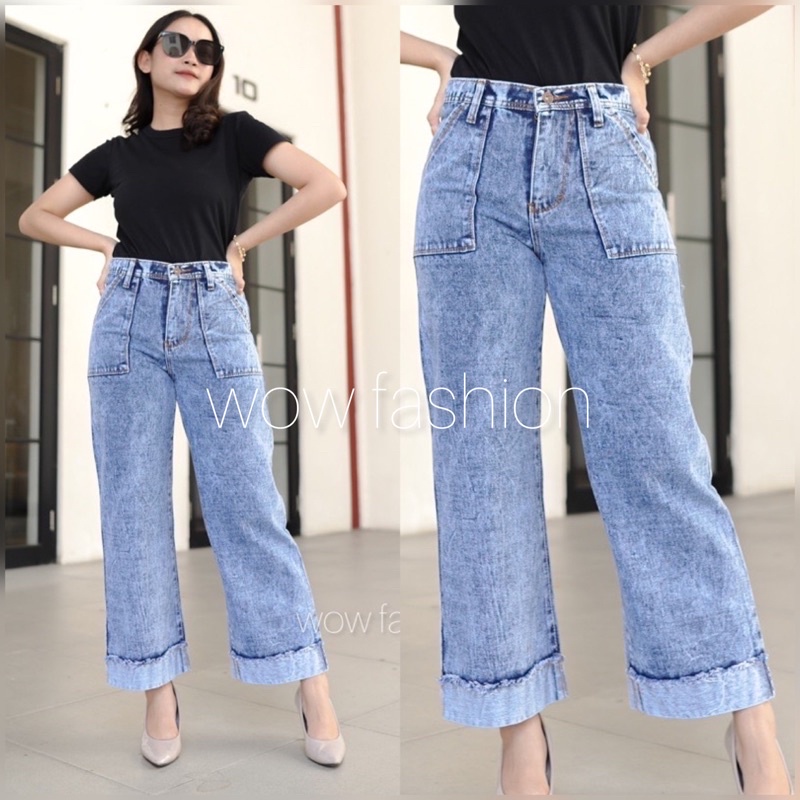 WOW-Lipat Bawah Kulot Jeans Snow Highwaist Wanita Size 27-30