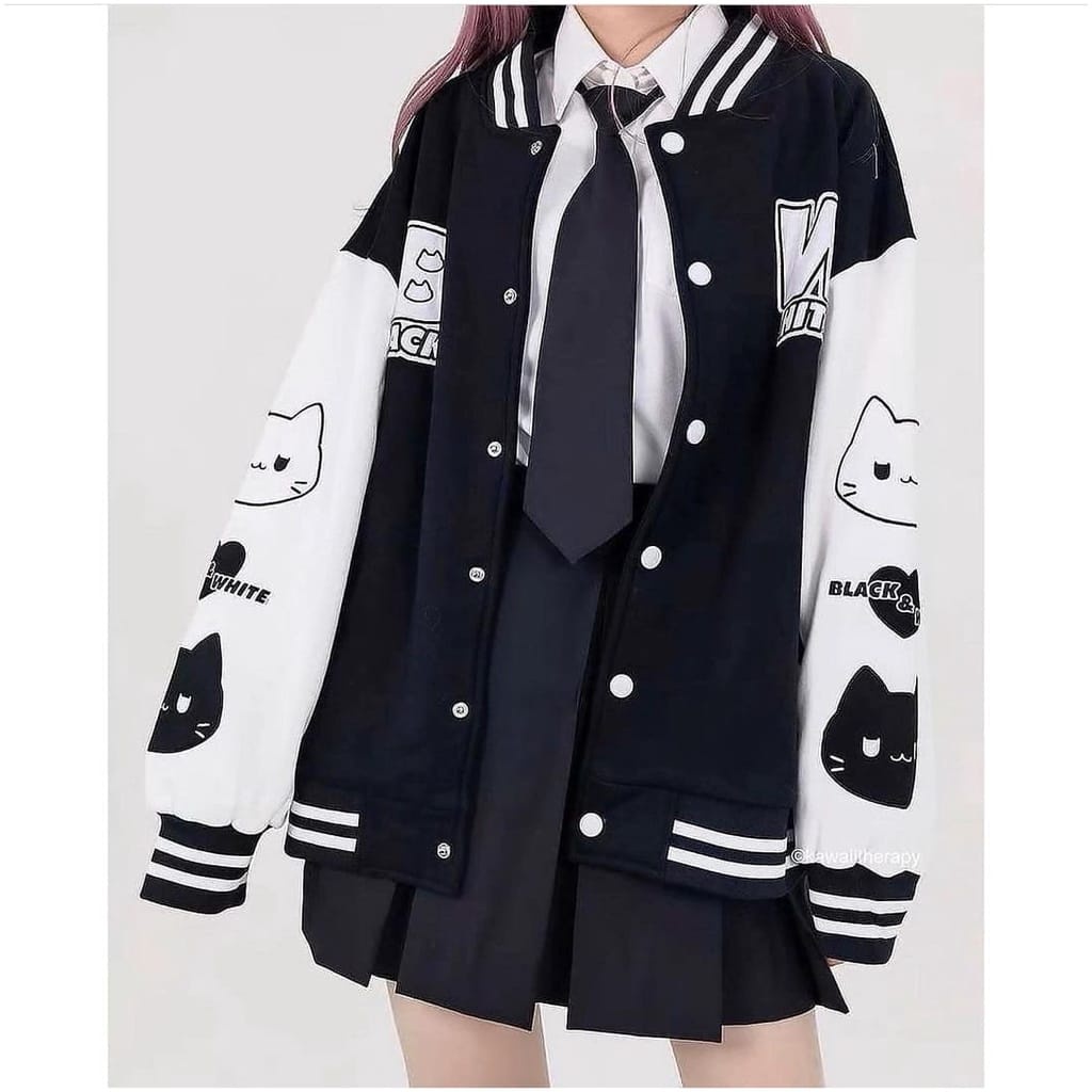 Jaket Wanita BLACK WHITE BASEBALL | Jaket Varsity Wanita Korean Style Lucu Kekinian