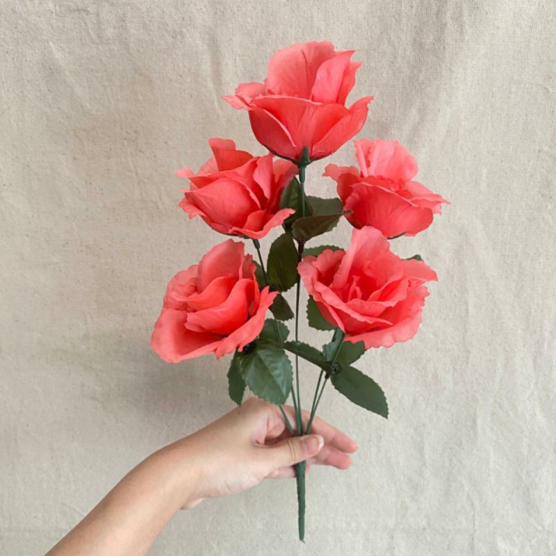 Bunga Mawar hias Rose Impor  FL X5 P:40cm (satuan) Bunga Artificial / Bunga Plastik / Bunga Dekorasi-Merah