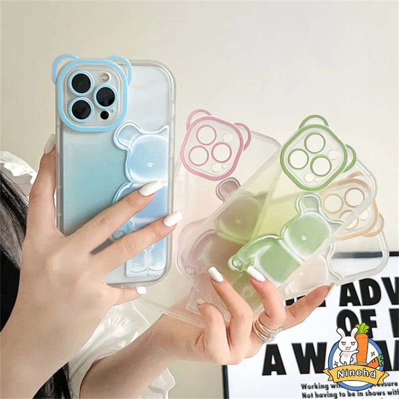 Soft Case Pelindung Lensa Transparan Motif Beruang Warna-Warni Untuk iPhone 14 13 12 11 Pro Max X Xr Xs Max SE 8 7 6 6s Plus