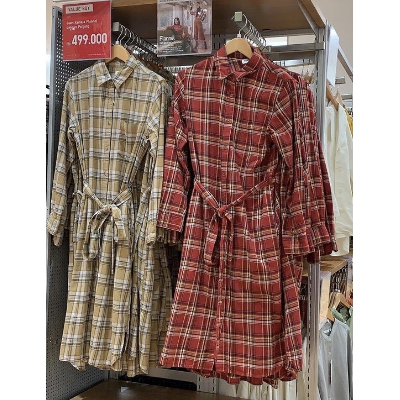 UNIQLO WANITA WOMAN DRESS GAUN KEMEJA FLANEL LENGAN PANJANG (NEW & ORIGINAL)