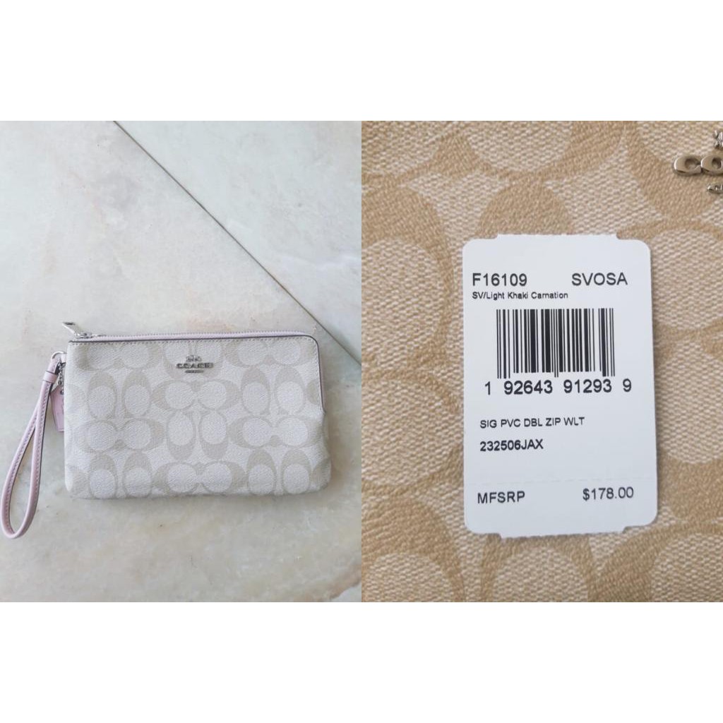 coach double zip large wristlet khaki carnation f16109