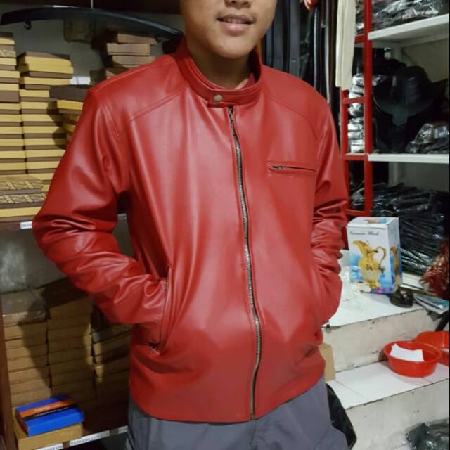 TERMURAH jaket pria warna merah jaket kulit asli garut kualitas oke nyaman harga pas dikantong