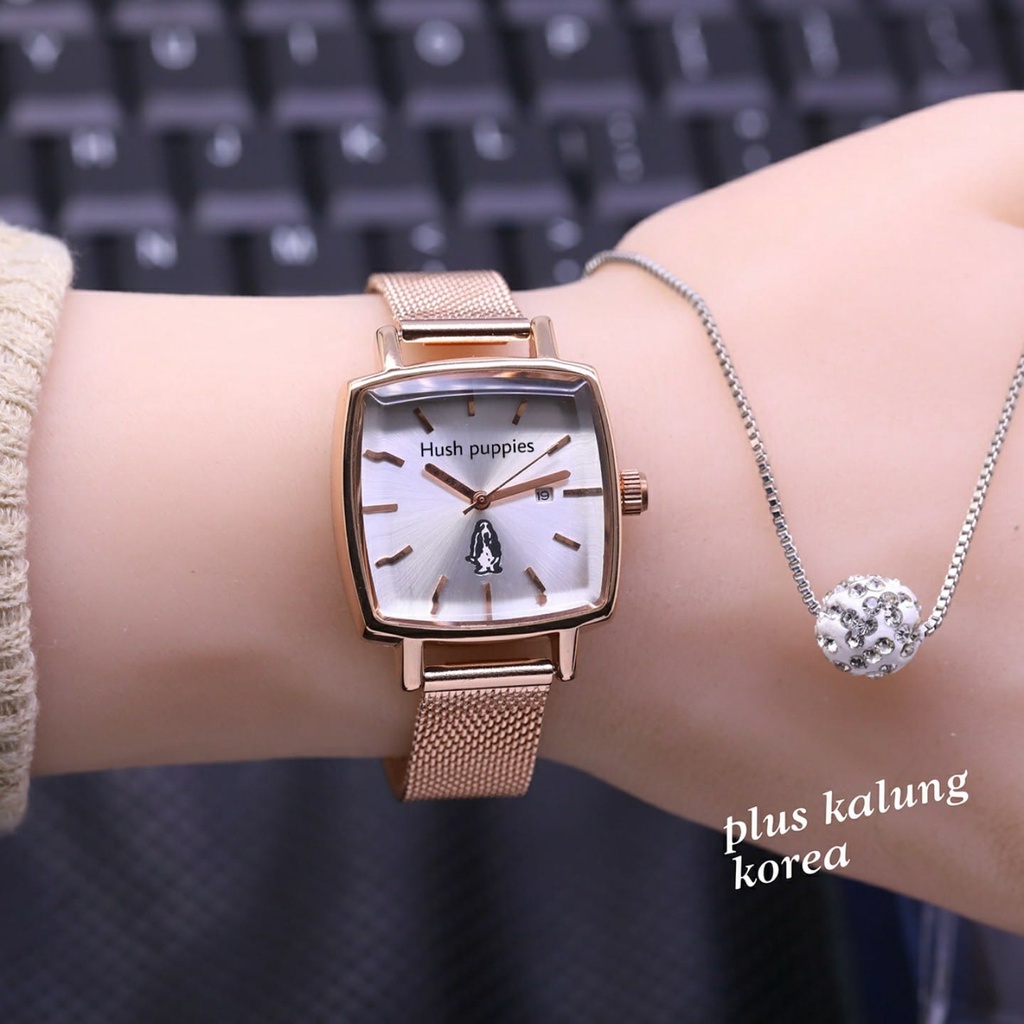 Jam Tangan Wanita Fashion Hush Puppies L1953S Tali Rantai Magnet Tanggal Aktif Free Box Kalung &amp; Baterai