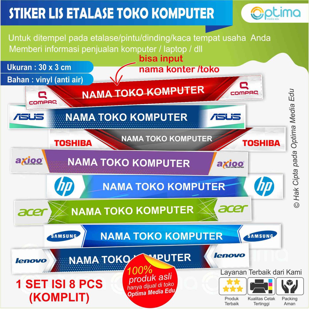 

STIKER LIS ETALASE TOKO KOMPUTER 3 X 30 CM ISI 8 PCS BISA INPUT NAMA TOKO