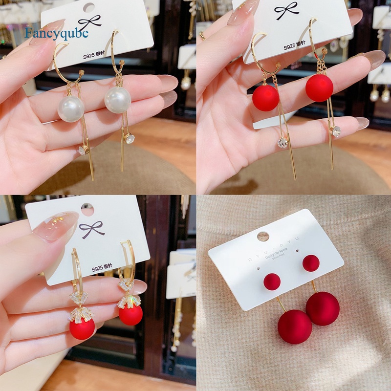 Fancyqube Anting Stud Kristal Mutiara Berlian Imitasi Model Pita Bunga Cherry Merah Untuk Wanita