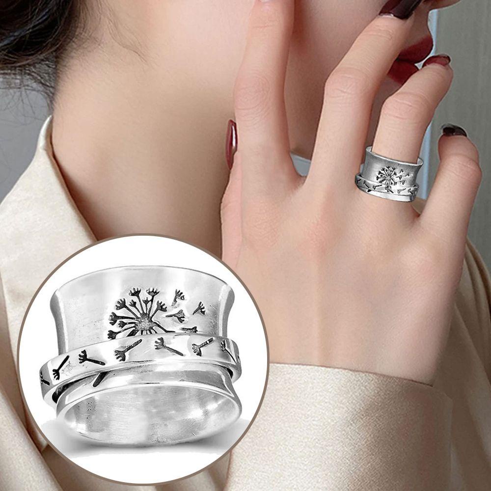 Solighter Dandelion Cincin Wanita Aksesoris Fashion Perhiasan Pita Lebar Pereda Bunga Gelisah &amp; Kecemasan Ukiran