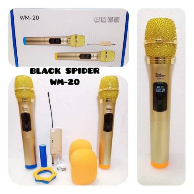 Mic wireless Balck Spider WM-20 Original(2 mic Pegang Gold)