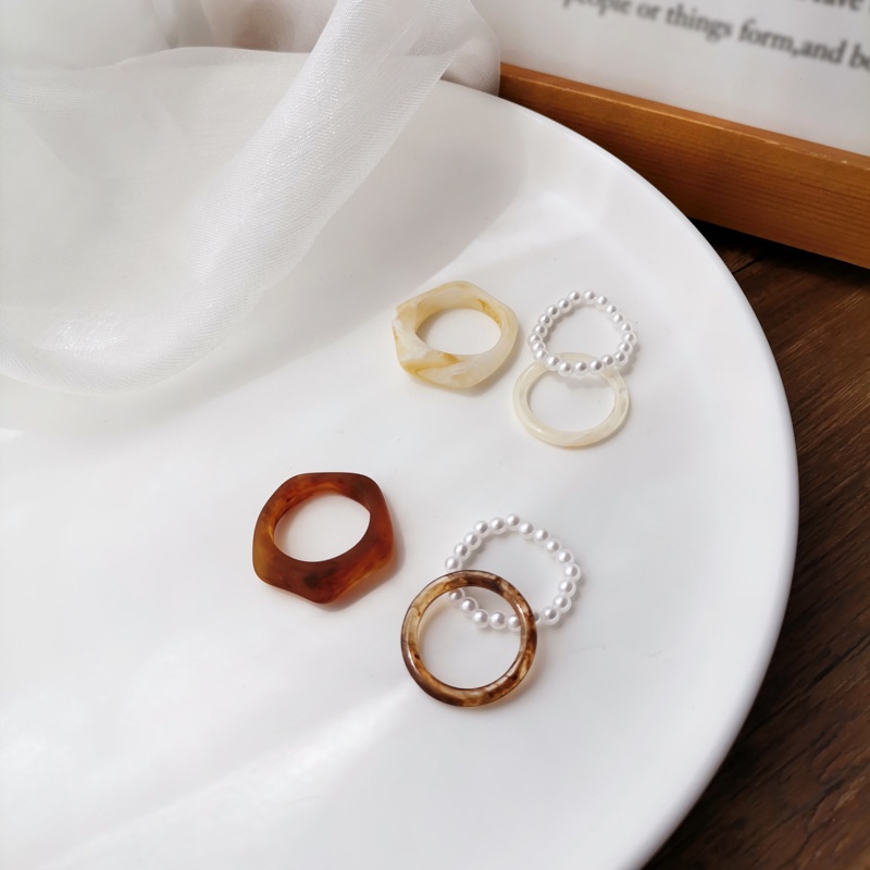 3pcs Cincin resin Hias Mutiara Gaya retro Korea