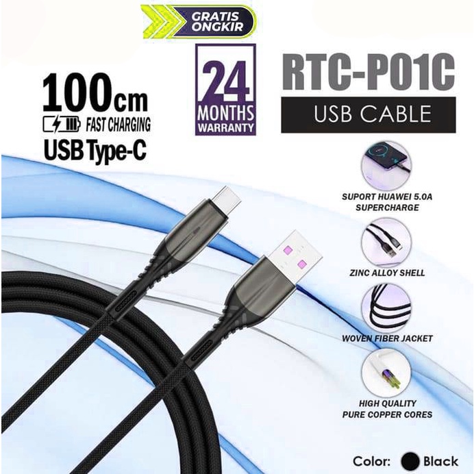 Kabel USB RECCI 100CM 5A Fiber Jacket+Zinc Alloy RTC-P01C TYPE-C Hitam
