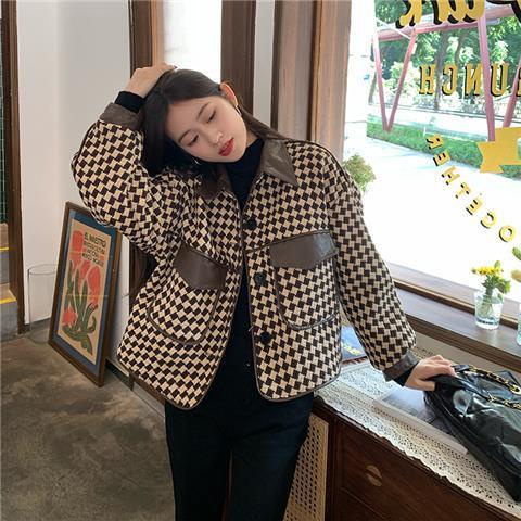 jaket korean style wanita coat retro french houndstooth jahitan atasan lengan pendek tebal menebal