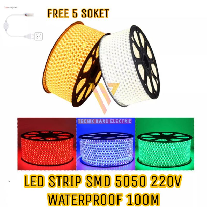 LAMPU LED STRIP SELANG 220V 100M AC WATERPROOF SMD 5050 WARNA BIRU ICE WARM WHITE KUNING 100 METER