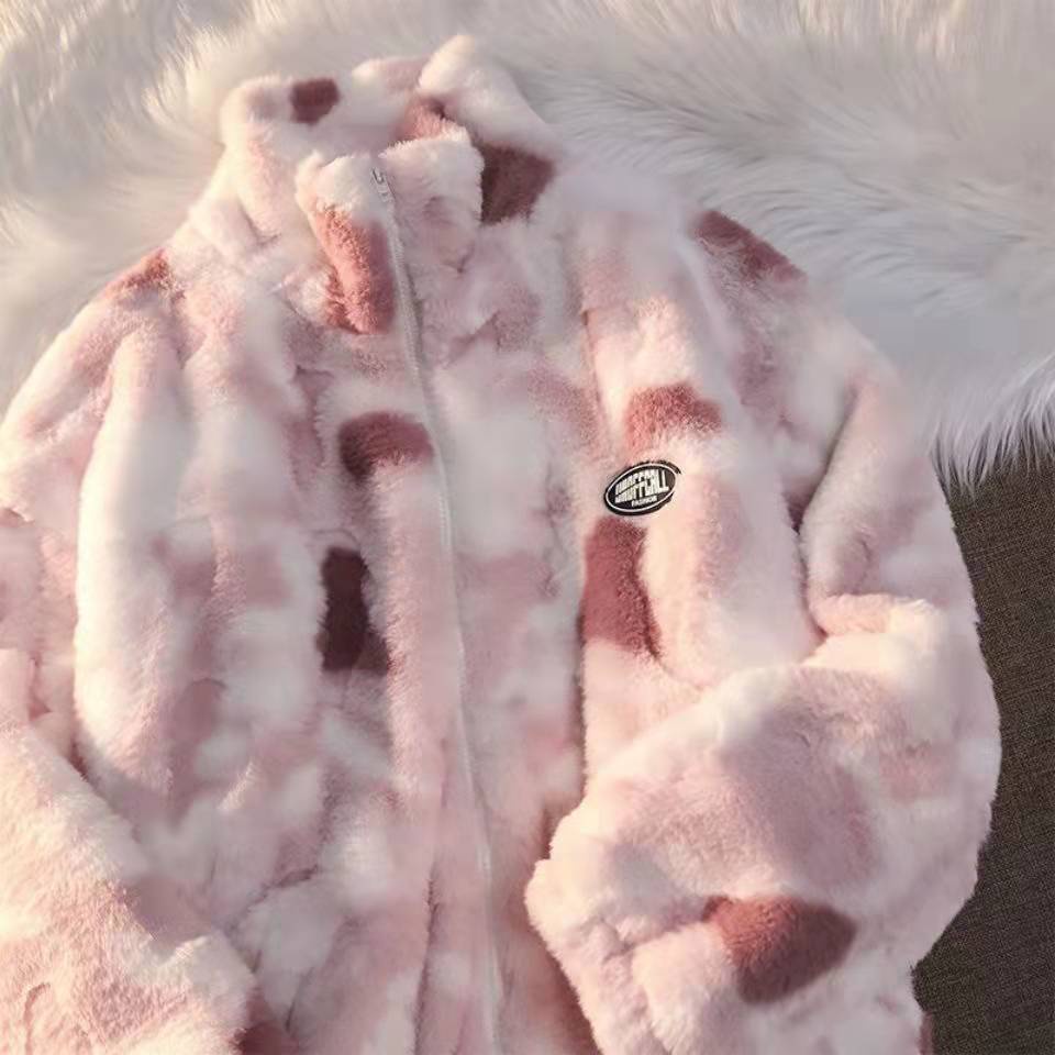 jaket korean style wanita tie-dye lamb s wool coat women s winter Thicked lamb s wool top loose