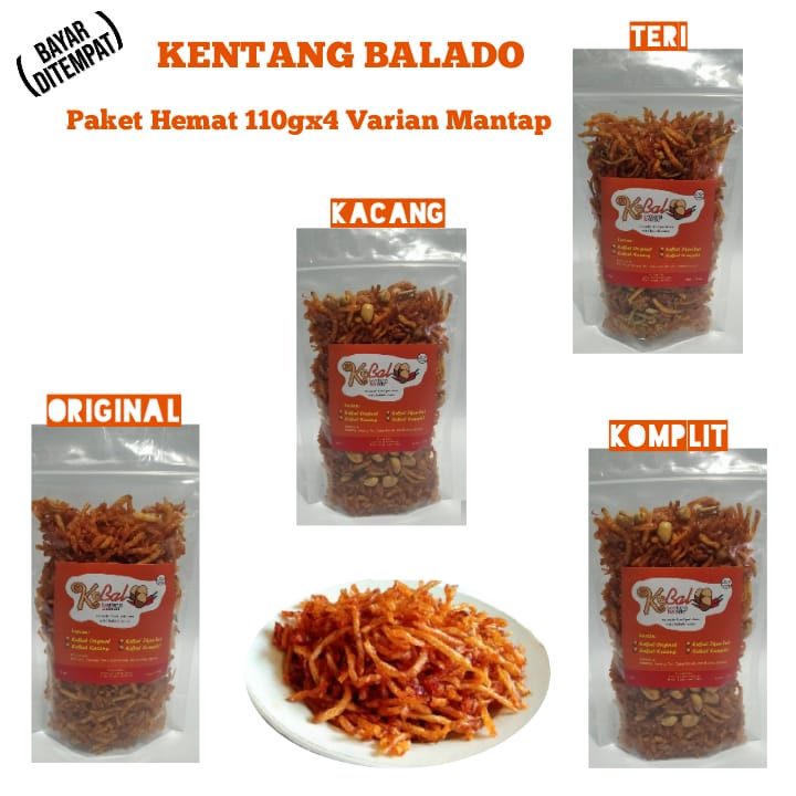 

KEBAL KENTANG BALADO KentangPaketHematIsi4VarianRasa110gx4KentangORI/Kacang/Ikanteri/KentangBaladoMustofaKriukKentangKrispyMantul