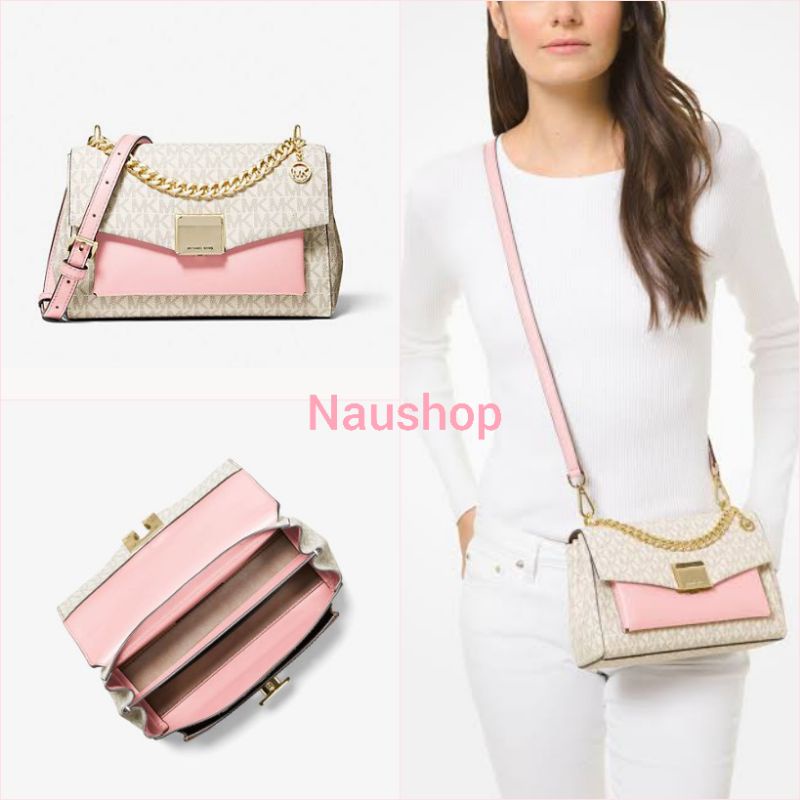 Michael Kors MK Lita Two Town Logo Signature Medium Shoulder Vanilla Blush Multi