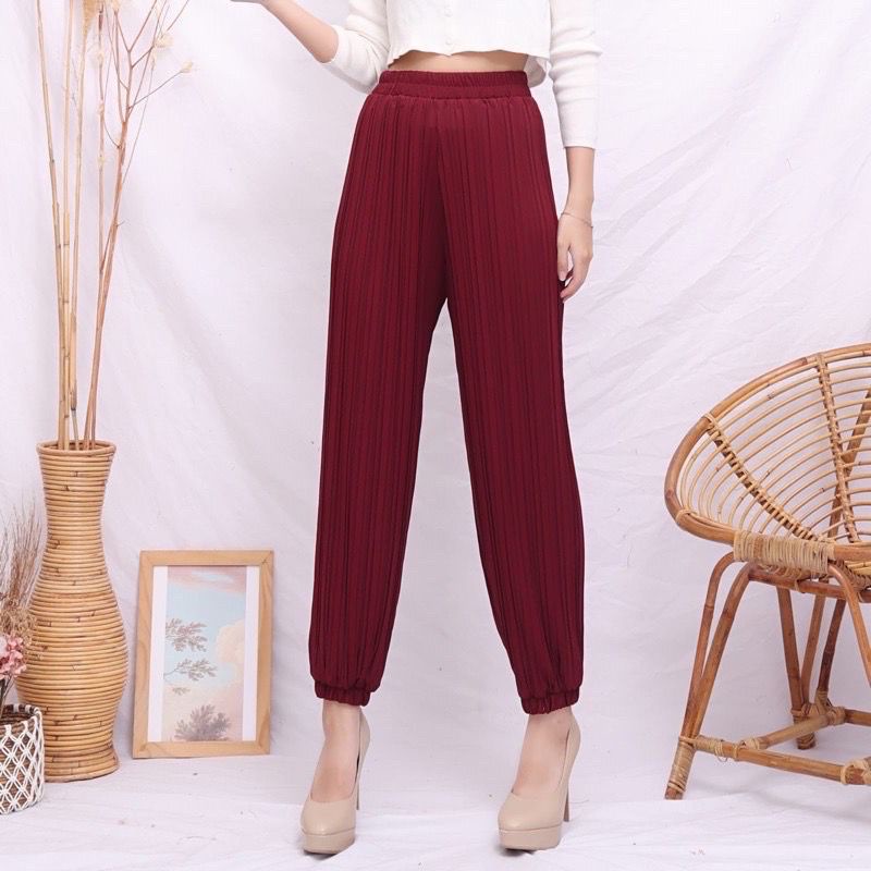 Toply shop Celena Jogger PlisKET Premium wanita / preated jogger pants wanita / celana karet plisket