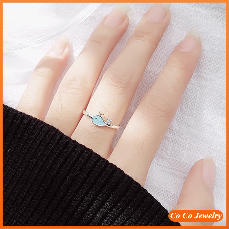 Cincin Model Terbuka Desain Ikan Paus Biru Gaya Korea untuk Wanita