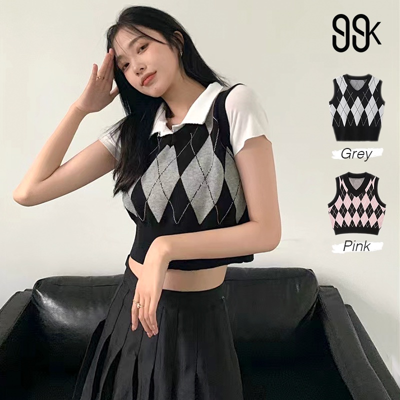 Preppy Style Knitted Plaid Crop Top Rompi Rajut Motif Kotak 2079