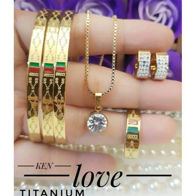 PROMO TERMURAH Set Perhiasan TITANIUM Anti Karat Gelang Cincin Anting Kalung Gucci Modis Xuping Gold