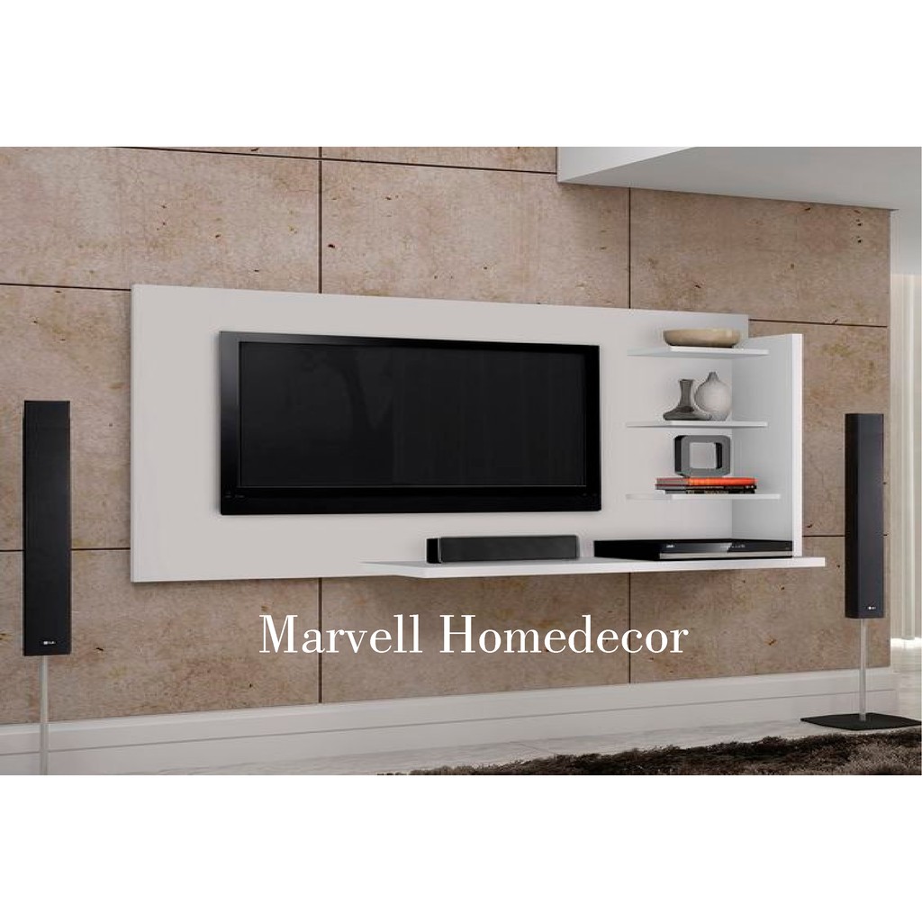 Backdrop TV Putih Minimalis + Meja Gantung,Floating Desk Elegan Murah