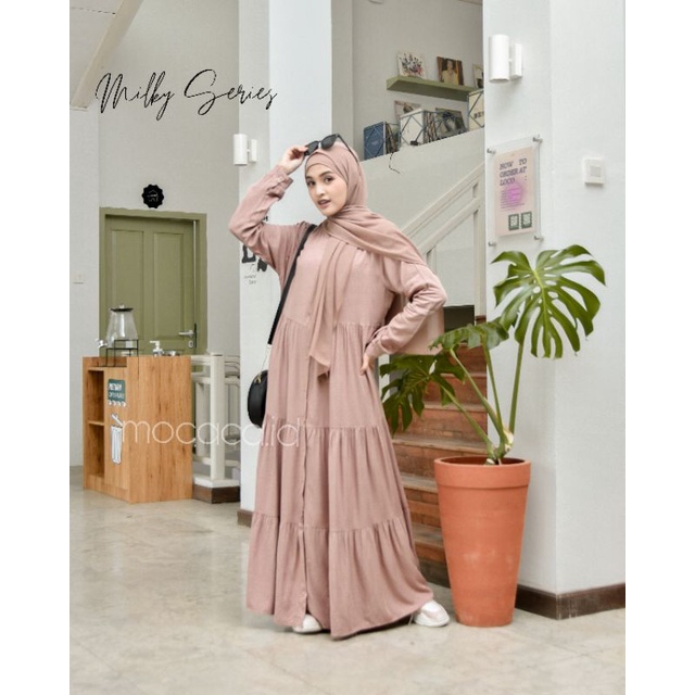 Dress Polo Lady katun Rayon Twill Premium busui wudhu friendly full kancing jumbo cokelat caramel