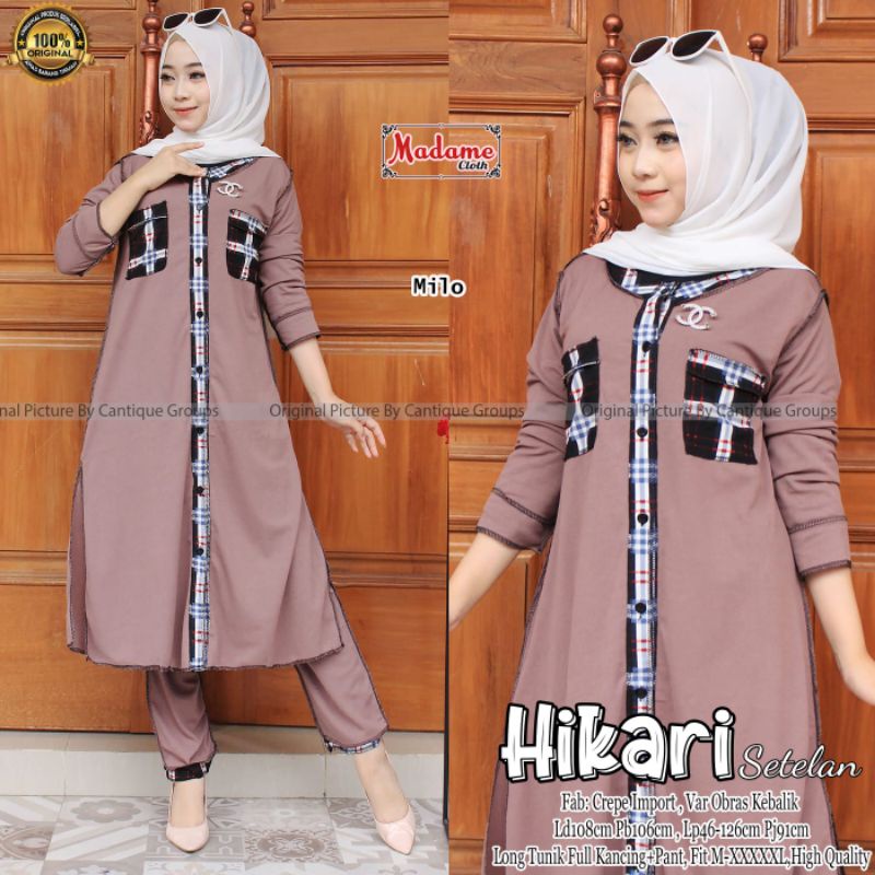 Hikari Setelan Pakaian Wanita Setelan Long Tunik Full Kancing + Pant Fab Crepe Import High Quality