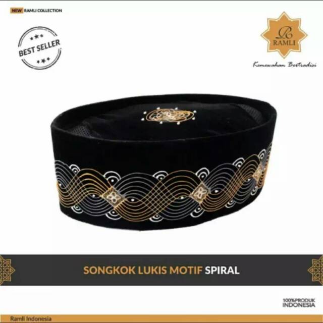 Peci Songkok Hitam Premium AC Motif Lukis Spiral 2 Tinggi 9