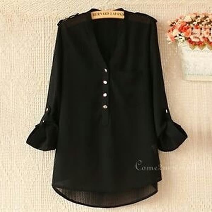 Zanzea Blus Wanita V-Neck Lengan Panjang Model Longgar Gaya Casua PP582 [Erisa Black Ro] Blouse Wan