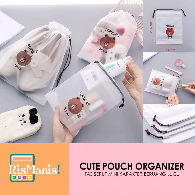 CUTE POUCH ORGANIZER - Tas Serut Travel Mini Serbaguna Anti Air Gambar Karakter Kartun Beruang Lucu