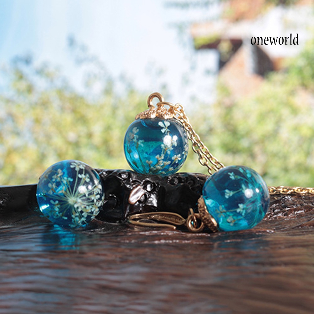 OW@ Fashion Women Dried Flower Glass Ball Pendant Necklace Hook Earrings Jewelry Set